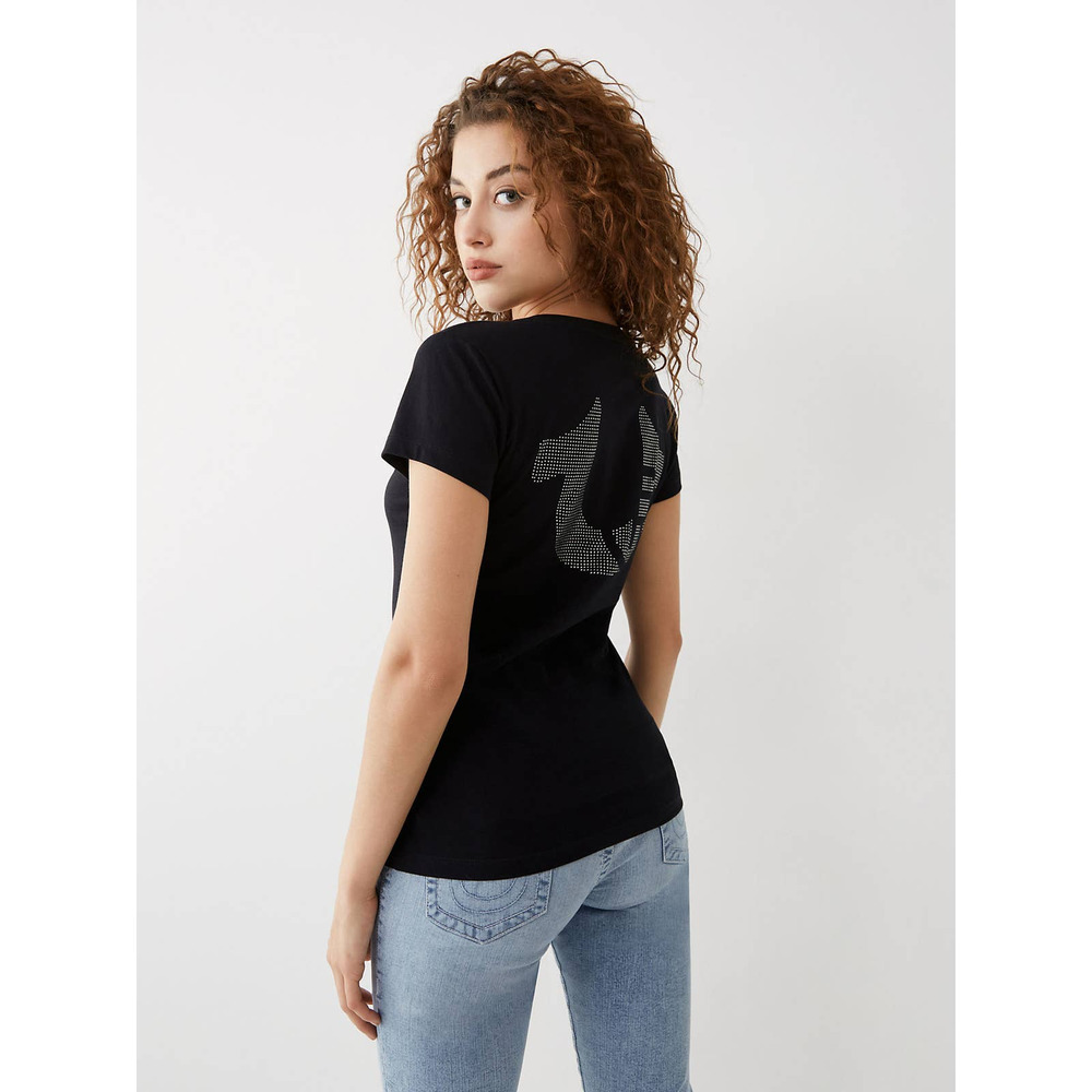 True Religion Women's Black Crystal Logo V-Neck Tee Shirt Short Sleeve Size S